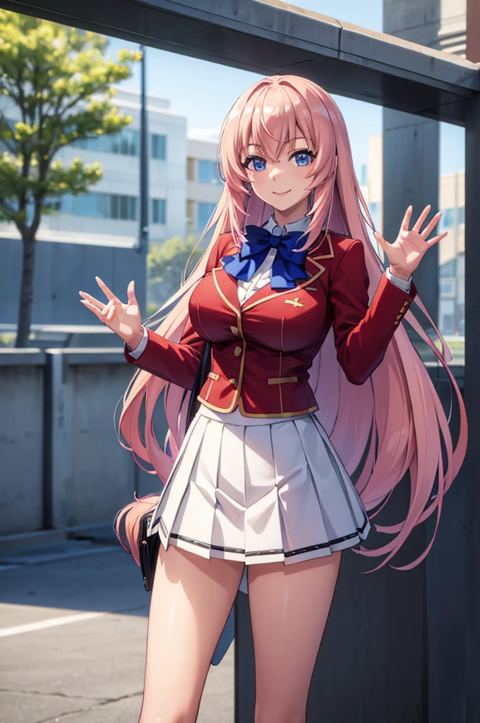 (masterpiece:1.3), (best quality:1.1), (8k, ultra detailed, ultra high res:1.2), ((anime style)), (perfect 5 fingers), perfect anatomy, 
1girl,
Ichinose honami \(youjitsu\),
long hair, 
pink hair, 
blue eyes, round eyes, tareme, 
blue bow, 
large breasts, 
red jacket, long sleeves, white skirt, pleated skirt, black calf socks, 
looking at viewer, 
cowboy shot, (waving hand:1.1),
(smile:1.1), 
BREAK standing, perfect light, outside, outdoors, public,  