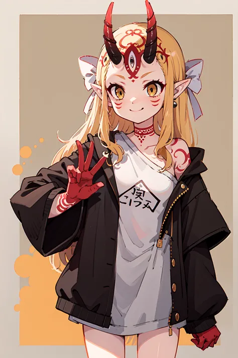 1girl, solo, (ibaraki_douji), blonde, yellow eyes, oni horns, pointy ears, alternative costume, shirt, white shirt, (modern fash...