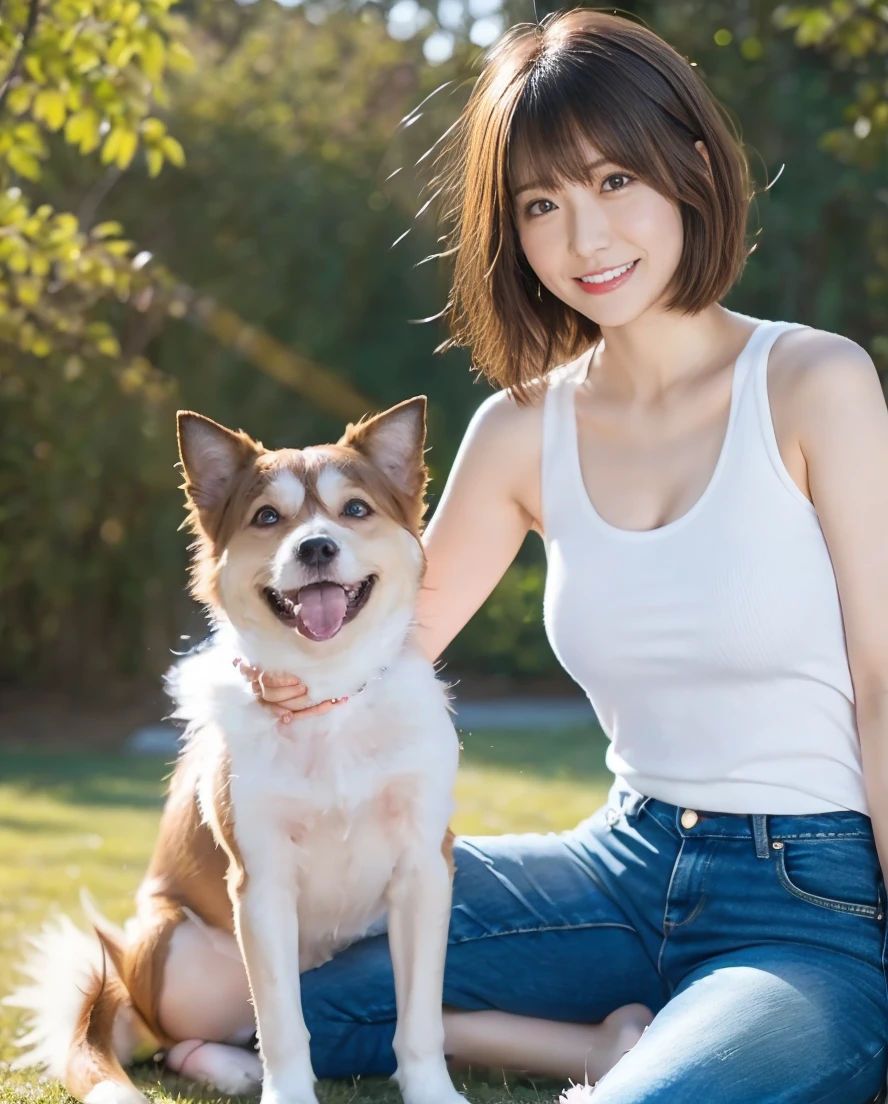 Tank top and jeans、Super delicate dog expression、Being with a dog、A girl and a dog warming themselves by a bonfire、Lens flare、Hair blowing in the wind、Medium Short Hair、、Expressing the whiteness of one&#39;s breath、Photo from the waist up、Night city illumination shot、Cowgirl Shot、Fur coat、豪華なグレーのミンクのFur coat、Wear fine leather boots、Luxury Bags、Inner turtleneck、Silver necklace and small silver earrings Millionaire style:1.4））、Full body photo、smile、 Caustics、Highly detailed photos、Very beautiful woman 、Ample breasts、No makeup、(8K、RAW Photos、Highest quality、masterpiece:1.2)、(Realistic、Realistic)、1 Girl、((Medium Short Hair、Midwinter、Cold region Snow falling、The wind is blowing、Fluttering Hair、Blur the background、Colorful illuminations、Looking into the camera:1.4))、
