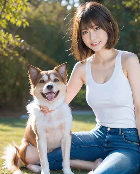 tank top and jeans、super delicate dog expression、being with a dog、a girl and a dog warming themselves by a bonfire、lens flare、ha...