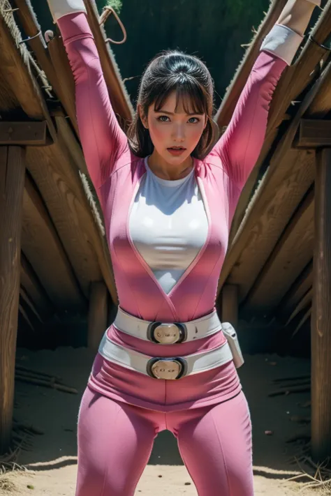 pink theme，pink ranger suit、curvy, big breats, full body, tied on saint andrew's cross in x position, screaming, eyes are closed...