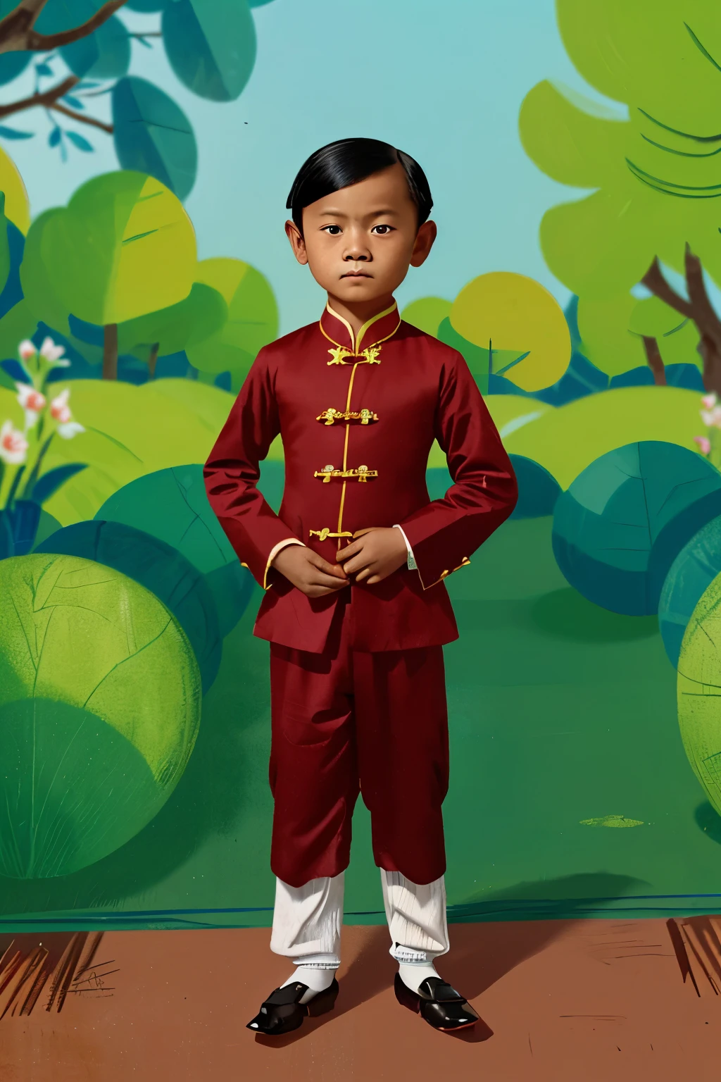 Tongkou, China, 1853. A little ((((9-year-old)) boy)), serious, in the garden, ((((chinese clothings from the 1850s)))), ((boy hairstyle of the 1850s))