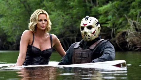 Charlize Theron and Jason Voorhees on the lake among the children&#39;s camp. Charlize Theron hugs baby Voorhees