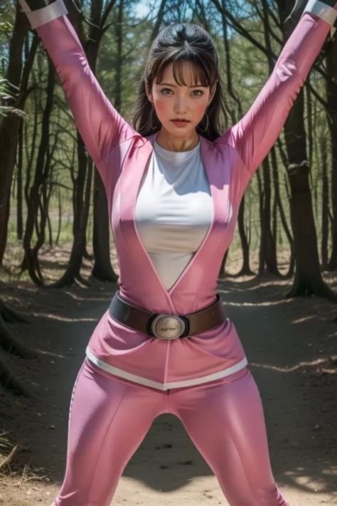 pink theme，pink ranger suit、curvy, big breats, full body, tied on Saint Andrew's cross in X position, screaming, eyes are closed...