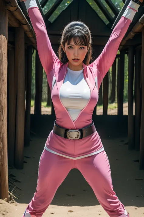 pink theme，pink ranger suit、curvy, big breats, full body, tied on Saint Andrew's cross in X position, screaming, eyes are closed...