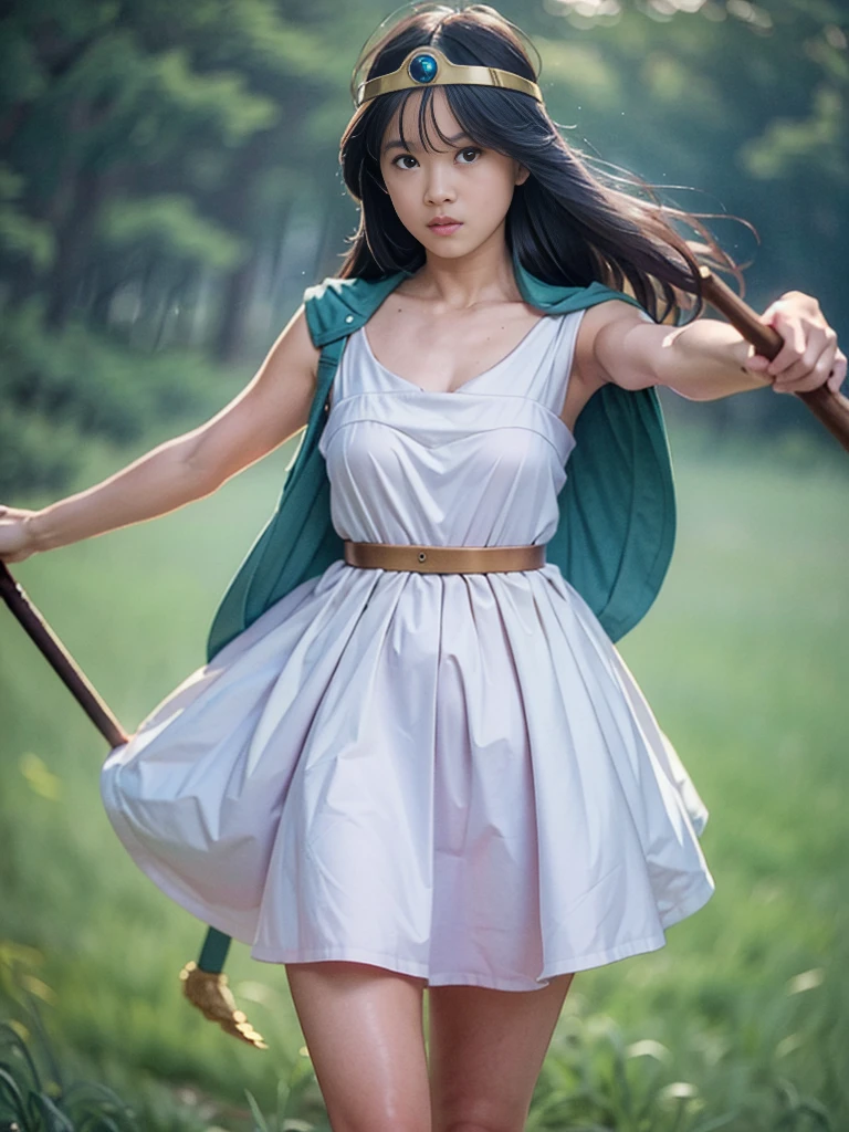 sage_(dq3), 1girl, 
(the vast grasslands), 
long hair, blue hair, normal breast, cleavage, bare shoulders, 
circlet, yellow gloves, (white dress:1.6), belt bag, cape, knee-high boots, white panties, 
(holding a wooden staff), 
(cowboy shot), 
detail face, (photorealistic:1.4), ultra high res, best quality, ((detailed facial features)), 8k resolution,
