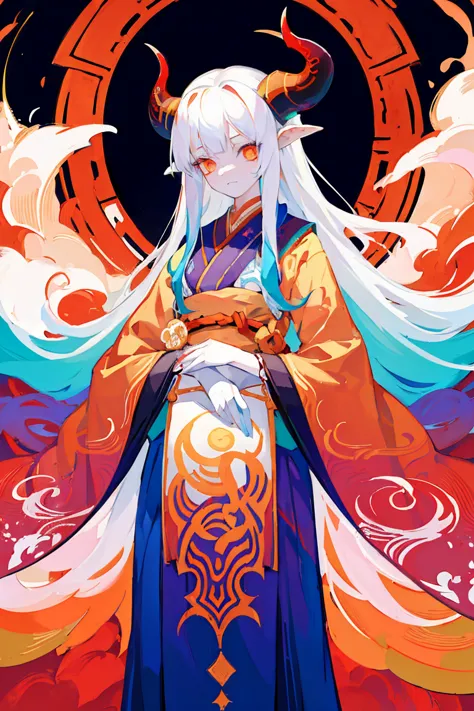 Designed by nty, a woman is, (Albino demon girl standing, long and complex horns:1.2, colorful clothes), intricate details, Colo...
