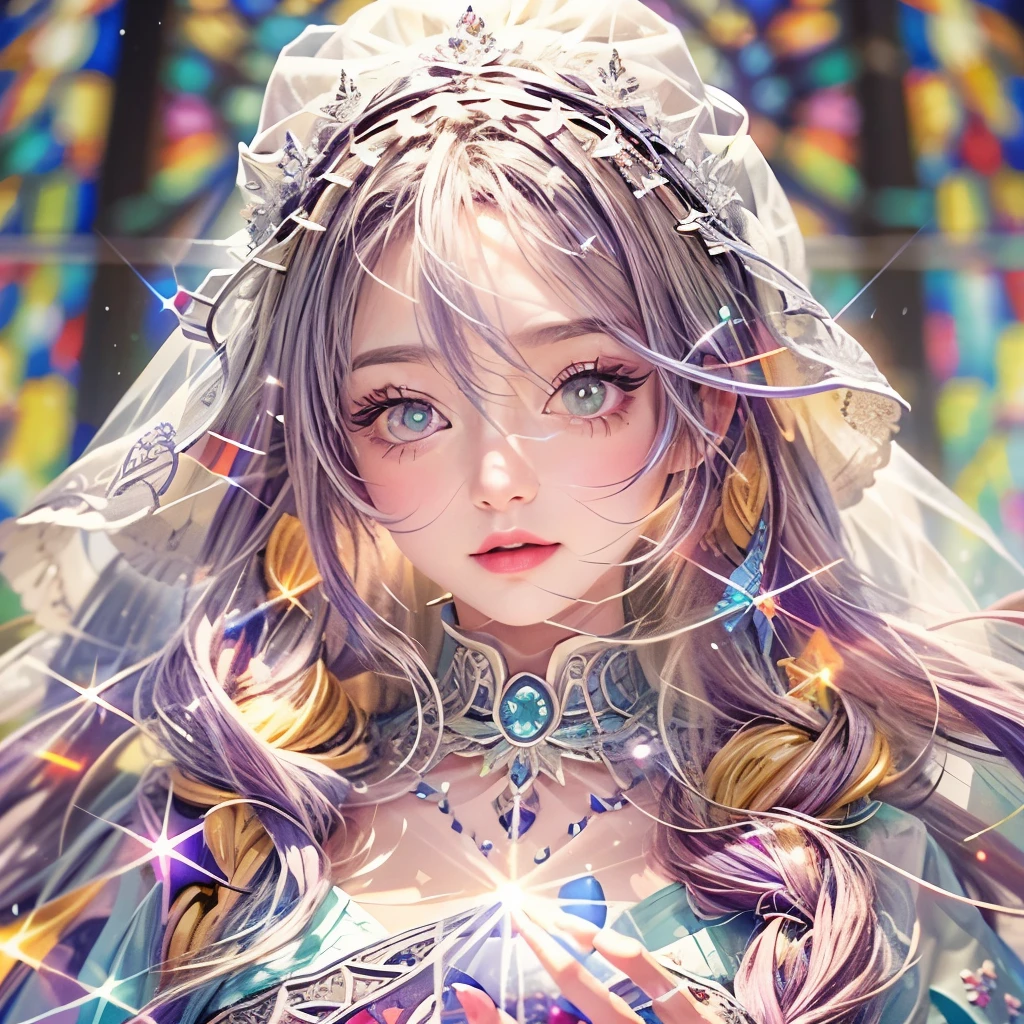 (Masterpiece TopQuality aesthetic Mystic:1.2), ExtremelyDetailed a KAWAII Bride (CloseUp from below:1.28) Radiant PearlSkin with Transparency (Acutance:0.8), (((Detailed NOGIZAKA FaceVariations))), Childish CaptivatingGaze ElaboratePupils with (SparklingHighlights:1.28), DoubleEyelids with (Voluminous LongEyelashes:0.88), Small GlossyRedLips with BeautifulDetails, PUNIPUNI RosyCheeks, Glowing DowneyHair . { (Dynamic Joyful expressions LifeLike Rendering:1.4) | (:d) }  BREAK Background is Filled with Dazzling Blurred StainedGlass (BokeH:1.4) ExtremelyDetailed Elaborate Stained Glass Art, Colored Glass, Lead Line, Light transmission Bright colors, intricate designs, luminous effect, Spiritual atmosphere