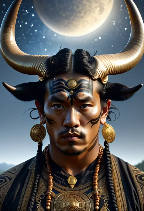 half man half asian black bull, tribal, caramel horns, a milky way, golden ratio, hyperdetail, hyperrealism, hyperfocus, ornate,...