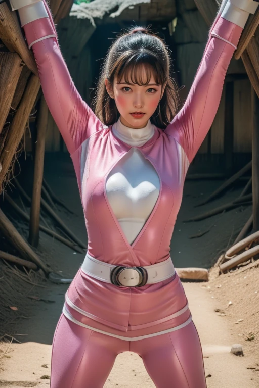 pink theme，pink ranger suit、curvy, big breats, full body, tied on Saint Andrew's cross in X position, crying, screaming, eyes not open