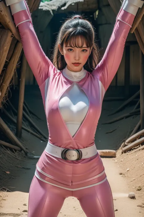 pink theme，pink ranger suit、curvy, big breats, full body, tied on Saint Andrew's cross in X position, crying, screaming, eyes no...