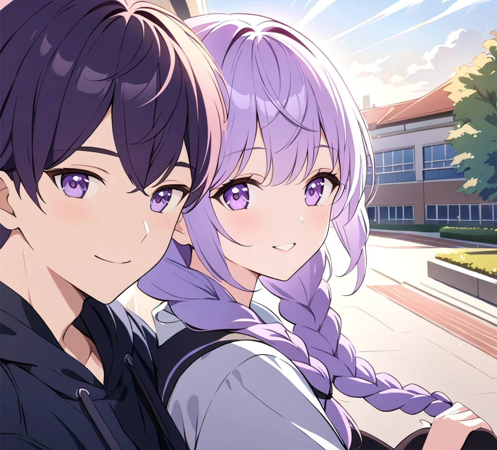A boy and (Girl with purple and white gradient double braids) Sit side by side, young, Campus background, and sunlight pours down, Fresh and natural, Sweet smile, Exquisite and detailed, Rich in details, High quality depiction, Extremely detailed, Bright colors, portrait, Landscape lighting