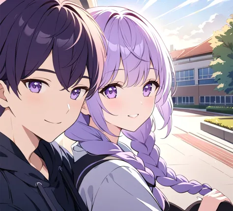 A boy and (Girl with purple and white gradient double braids) Sit side by side, young, Campus background, and sunlight pours dow...