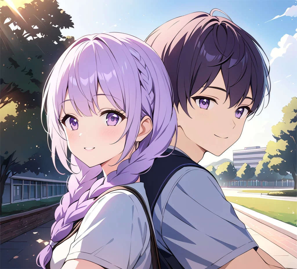 A boy and (Girl with purple and white gradient double braids) Sit side by side, young, Campus background, and sunlight pours down, Fresh and natural, Sweet smile, Exquisite and detailed, Rich in details, High quality depiction, Extremely detailed, Bright colors, portrait, Landscape lighting