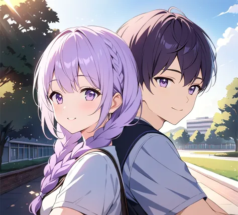 A boy and (Girl with purple and white gradient double braids) Sit side by side, young, Campus background, and sunlight pours dow...