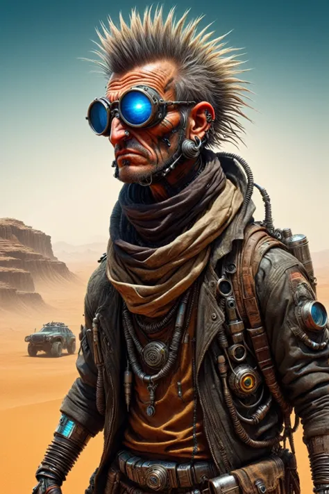 a madpunk cyberpunk nomad medic, nanoenhanced treatments, desert planet, nomadic tribes, raw photo, hyperdetailed, photorealisti...