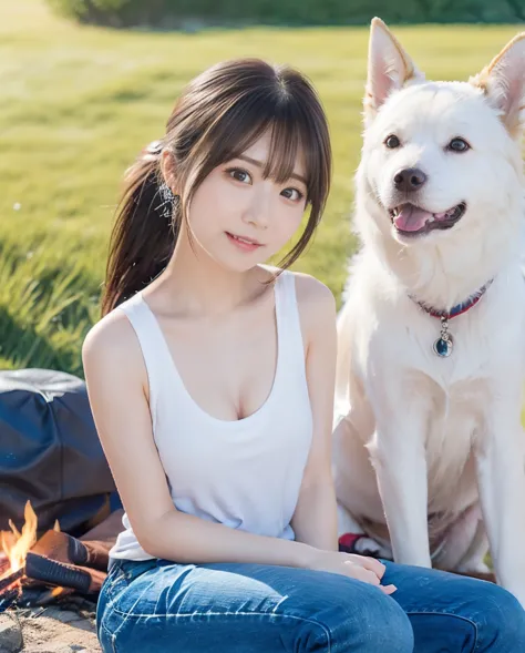 ponytail、tank top and jeans、super delicate dog expression、being with a dog、a girl and a dog warming themselves by a bonfire、lens...