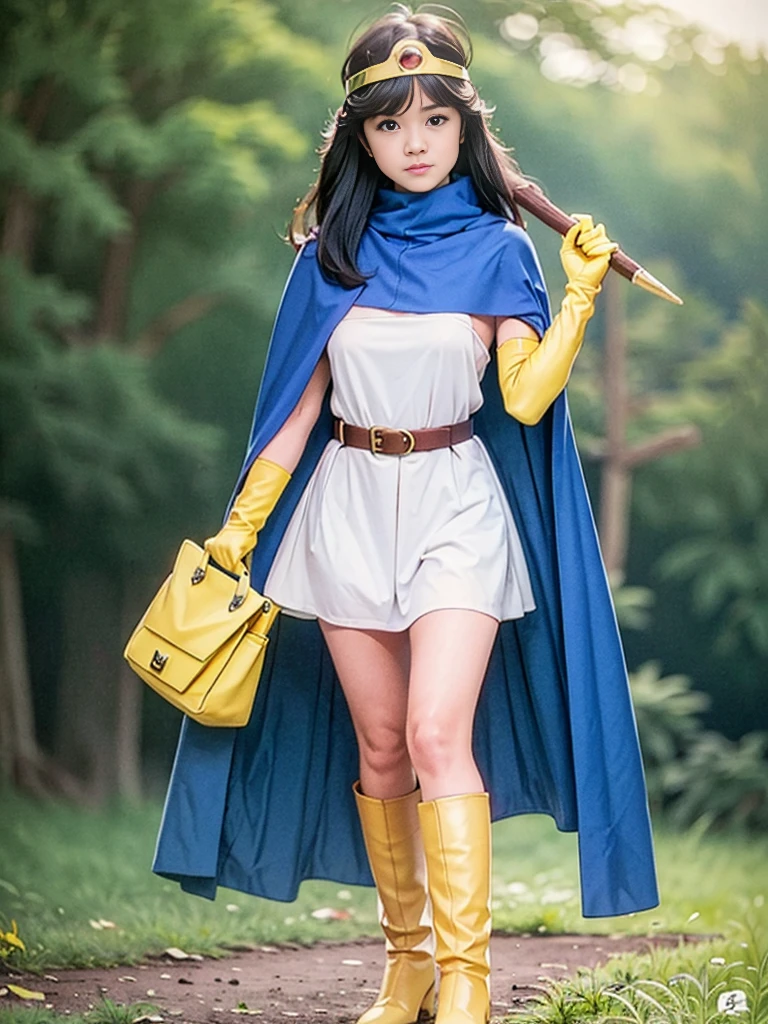 sage_(dq3), 1girl, 
(the vast grasslands), 
long hair, blue hair, normal breast, cleavage, bare shoulders, 
circlet, (yellow gloves:1.6), (white dress:1.6), (belt bag:1.6), (cape:1.6), (knee-high boots:1.6), white panties, 
(holding a wooden long staff), 
(cowboy shot), 
detail face, (photorealistic:1.4), ultra high res, best quality, ((detailed facial features)), 8k resolution,
