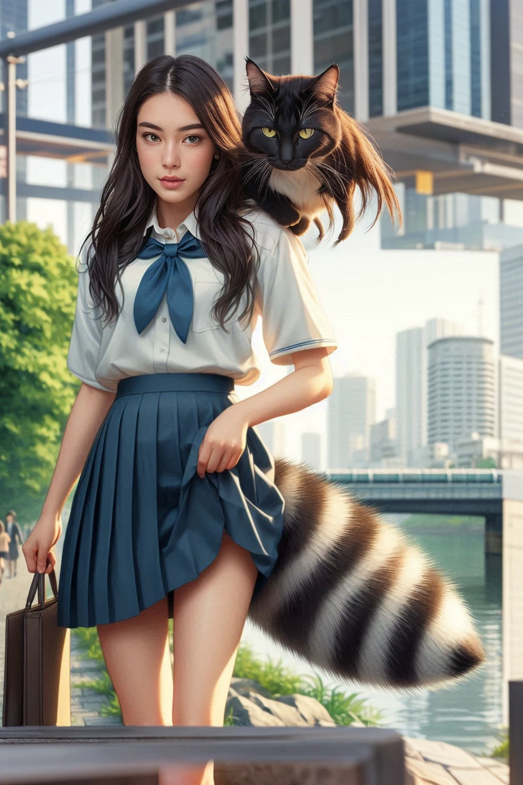 There is a woman wearing a skirt and shirt and carrying a bag., a hyperRealistic , hyperRealistic , Cat&#39;s Tail, Realistic , Hairy tail, Fox&#39;s Tail, Women&#39;s furry mini cute style, Realistic anime style at pixiv, Fluffy tail, photoRealistic anime, Realistic anime artstyle, Realistic anime 3 d style, Very very beautiful furry art