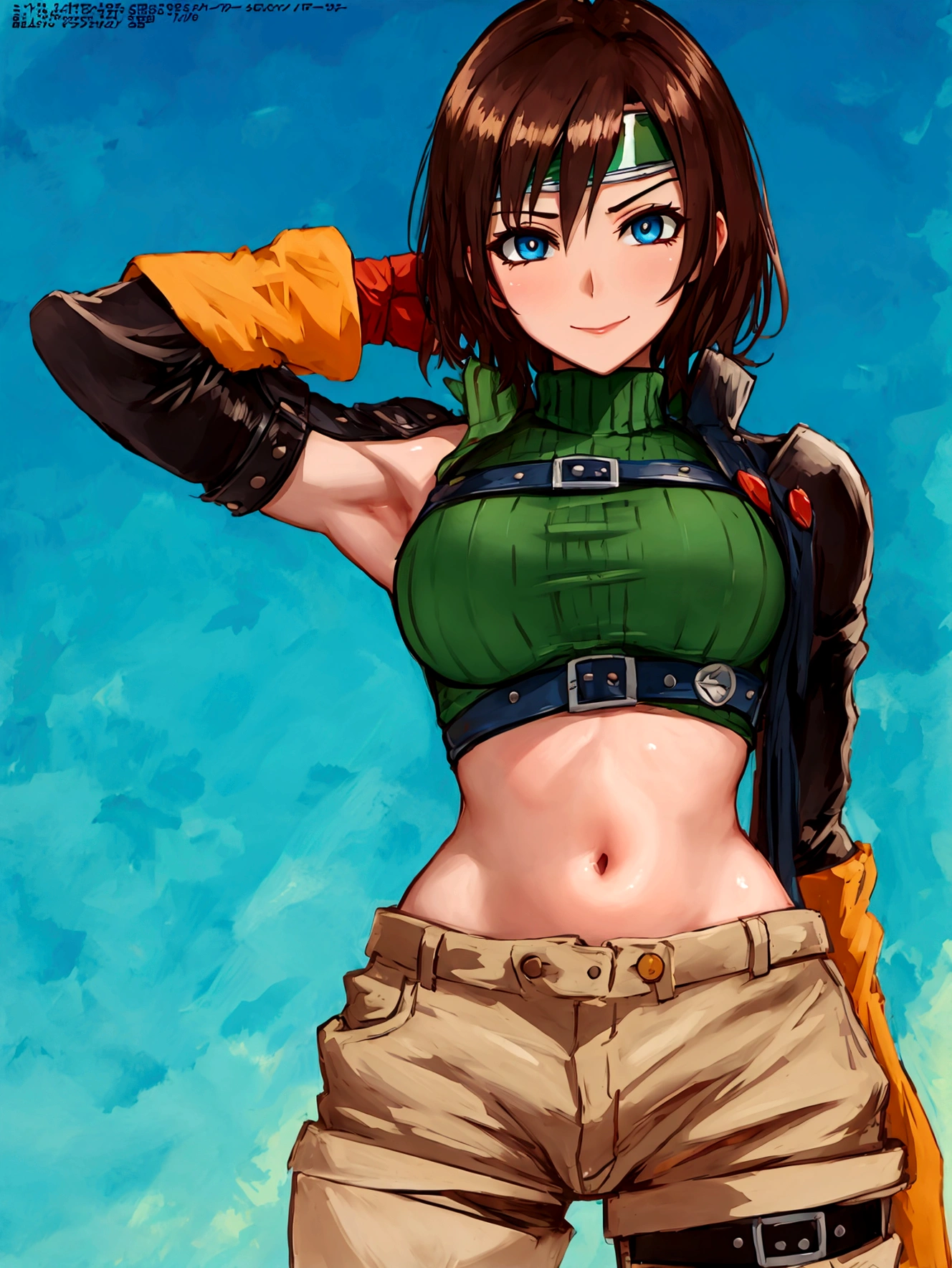 (anime cels style, best quality, high resolution, megami magazine, anime poster style, photorealistic), (beautiful eyes:1.2), 1girl
short hair
headband
navel
sleeveless
turtleneck
brown eyes
sleeveless turtleneck
solo
breasts
looking at viewer
smile
gloves
crop top
brown hair
shorts
midriff
armor
sweater
open fly
fingerless gloves
ribbed sweater
medium breasts
yufi_kisaragi_01 girl, (cowboy shot), (perfect detailed anatomy, beautiful face, perfect body, perfect arms, shiny skin), sunshine, forest, bluesky,