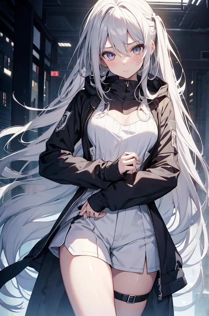 1girl, {Solitary}, Upper Body ,{{ {Watching at viewer}}}, Arms at your sides, Concept Art, white Background, simple Background, White hair, Silver gradient hair , Composite cloth, Asymmetrical clothes, Virtual YouTuber, best quality, masterpiece, Dynamic Angle, guilty gear, guilty gear, guilty gear, cowboy_shooting, Watching_Back, grab, girl,Miss,woman, young,20 years old, Very long hair, Hair Flip, Silver Hair, Flowing hair, Ahog, giggle, Beautiful and delicate golden eyes, teeth, Moderate_breast, Blonde eyes, White skin, hoodie, Black_shorts, Gray clothes, transparent_Background, Backlighting, absurd, high resolution, Extremely detailed,sweater