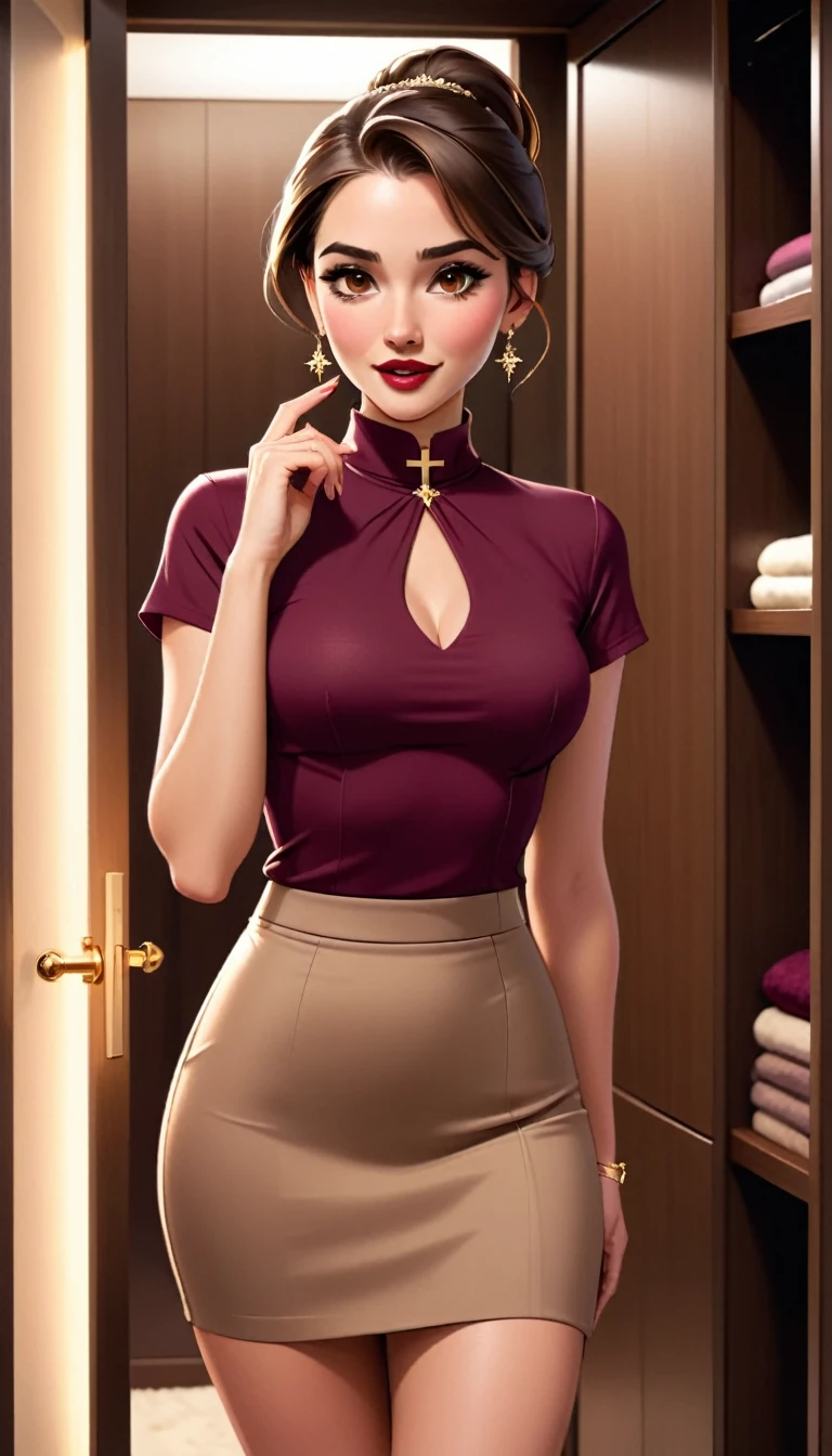 Beautiful woman with mid straight ponytail brown hair with brown eyes wearing Brown Tight Skirt, Burgundy Sexy Mock Neck Short Sleeves Blouse,18k gold wedding ring on left hand, standing with cross-legged in her closet at night, putting her tongue between her fingers, (caucasian skin), (light brown lipstick), (elegant mascara), (slim body), (small breasts), (wide hips), midjourney, <lora:GoodHands-, <lora:GoodLegs-, UHD, high resolution, (expressive eyes, perfect face, full body, expressive face, perfect body, perfect pussy, athletic, fit, slim body, blushing, Perfect makeup, eyeliner, beautiful eyelashes, smiling, horny face), ((best illumination, best shadows)), ((sexy pose))