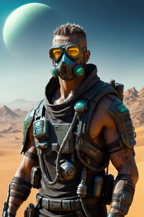 a cyberpunk man, nanoenhanced treatments, desert planet, nomadic tribes, raw photo, hyperdetailed, photorealistic, dramatic ligh...