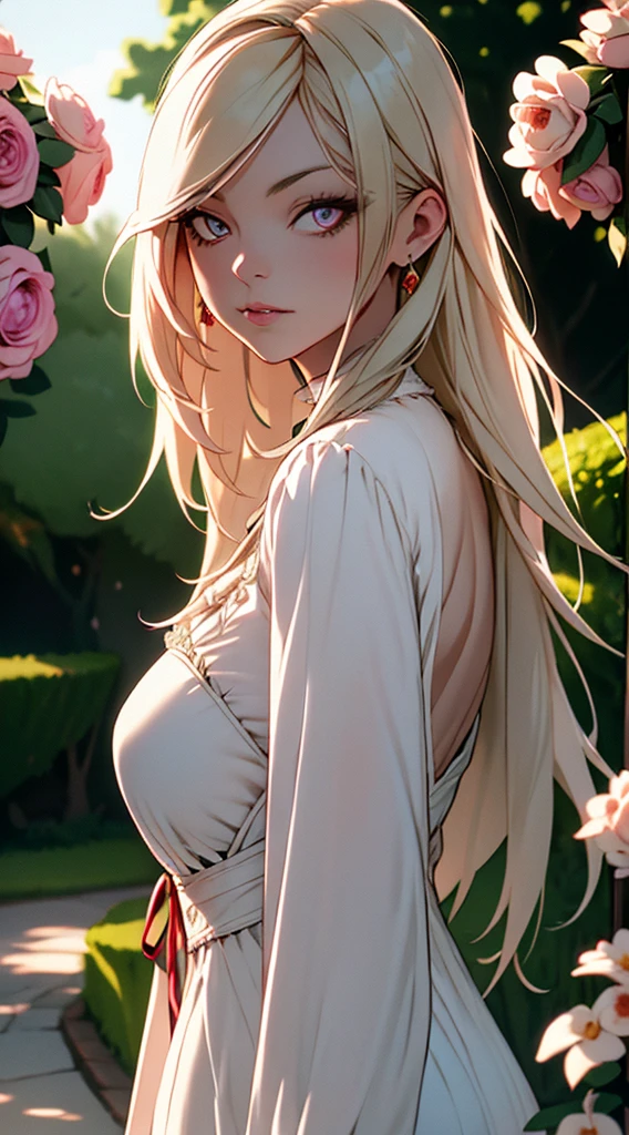 A beautiful girl with long blond hair, garnet eyes, and a delicate face, Alice Garnet Nakata, wearing an elegant Victorian-style dress, standing in a lush garden with blooming flowers, (best quality,4k,8k,highres,masterpiece:1.2),ultra-detailed,(realistic,photorealistic,photo-realistic:1.37),extremely detailed face and eyes,highly detailed skin,beautiful detailed eyes,beautiful detailed lips,intricate detailed dress,ornate Victorian garden,vibrant colors,soft lighting,cinematic composition,elegant,ethereal, fullbody shot,