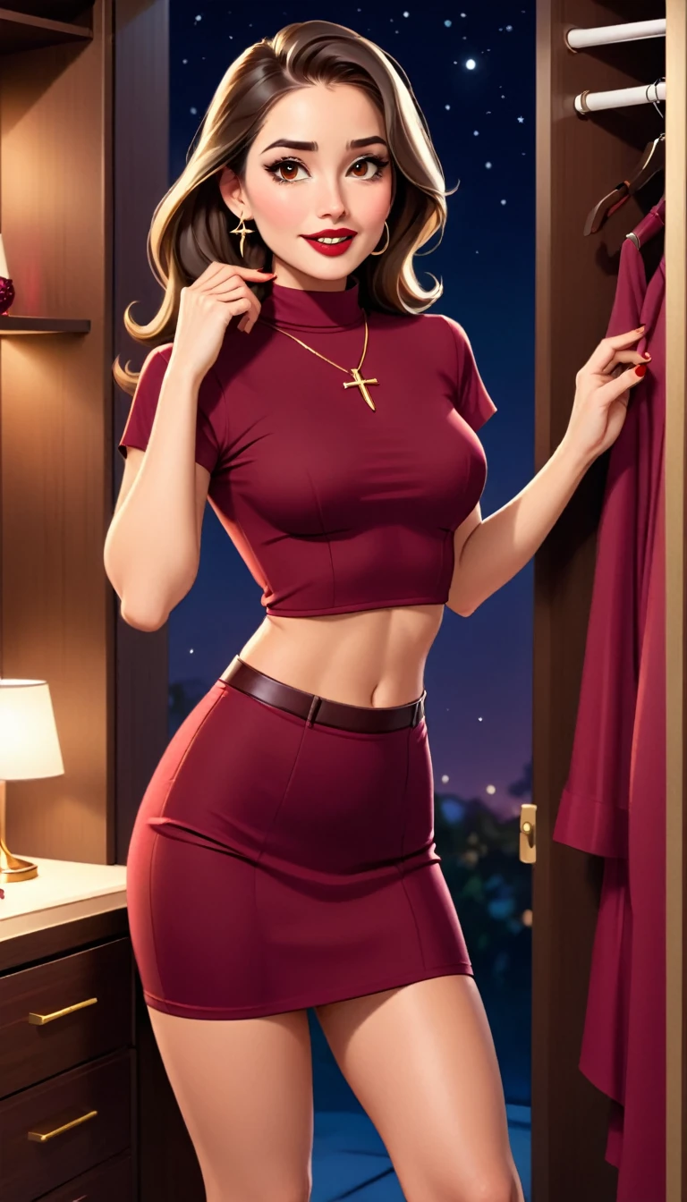 Beautiful woman with mid straight ponytail brown hair with brown eyes wearing Red Tight Skirt, Burgundy Sexy Mock Neck Short Sleeves Blouse,18k gold wedding ring on left hand, standing with cross-legged in her closet at night, putting her tongue between her fingers, (caucasian skin), (light brown lipstick), (elegant mascara), (slim body), (small breasts), (wide hips), midjourney, <lora:GoodHands-, <lora:GoodLegs-, UHD, high resolution, (expressive eyes, perfect face, full body, expressive face, perfect body, perfect pussy, athletic, fit, slim body, blushing, Perfect makeup, eyeliner, beautiful eyelashes, smiling, horny face), ((best illumination, best shadows)), ((sexy pose))