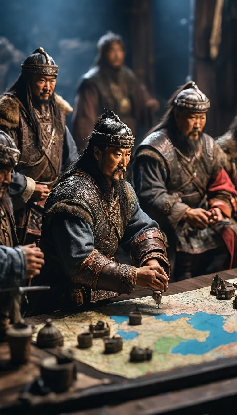 Genghis Khan and his generals planning strategies using maps and miniatures, background dark, hyper realistic, ultra detailed hyper realistic, photorealistic, Studio Lighting, reflections, dynamic pose, Cinematic, Color Grading, Photography, Shot on 50mm lens, Ultra-Wide Angle, Depth of Field, hyper-detailed, beautifully color, 8k