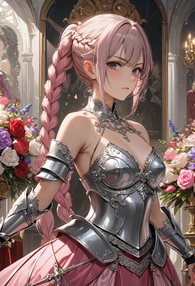 Miss, Serious, warrior, armor, elegant, Pink skirt, Noble, Silver, Long nails, Bare shoulders, hairstyle, hair, Braids and Ponytails, messy, arrogant, absurd, Detailed dress, royalties, celebration, Hall decorated with flowers, Cowboy shooting, portrait, (best quality), (masterpiece), (Very detailed), (4K)