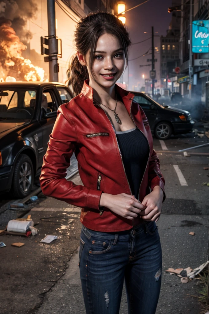 1girl, (realistic),(hyperrealism),(best quality),(masterpiece),(ultra high res),(photorealistic),idol,eye makeup,detailed eyes,detailed face,black dress, claireredfield2, brown hair, (red jacket:1.2), ponytail, (denim pants:1.3),,  red wristband,,  abandoned street, burning cars in background, littered street, smoke, chaos, zombie apocalypse, daytime, sunny,,  hands in pocket, looking at viewer, smiling, closeup shot