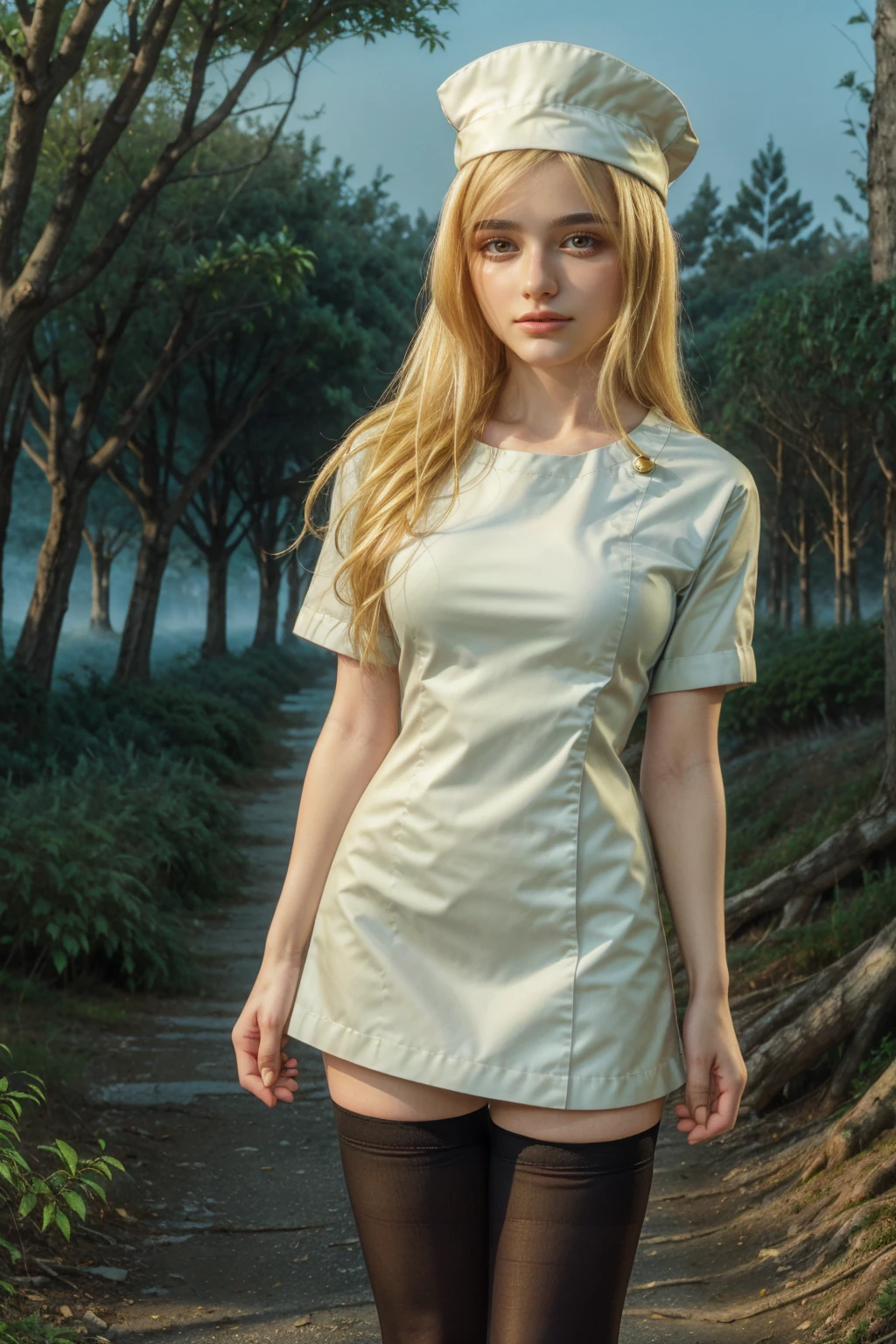 1 girl, best quality, ((Miyo)), tarankaaa, perfect face, beautiful smile, 30 years old, ((nurse attire, nurse cap, thighhighs, gold blonde hair)), ((perfectly drawn hands)), perfect body, bare tree, bush, fog, forest, grass, nature, outdoors, plant, scenery, solo, standing, tree, 32k photograph, ((perfect eyes, detailed eyes,realistic eyes)), ((sharp face, detailed face, realistic face, natural skin, realistic skin, detailed skin, pores)), full body, tone mapping, asian-european, ((masterpiece)), ((highres)), ((detailed background)), japanese village background, night, big proportions, (abdomen is covered)