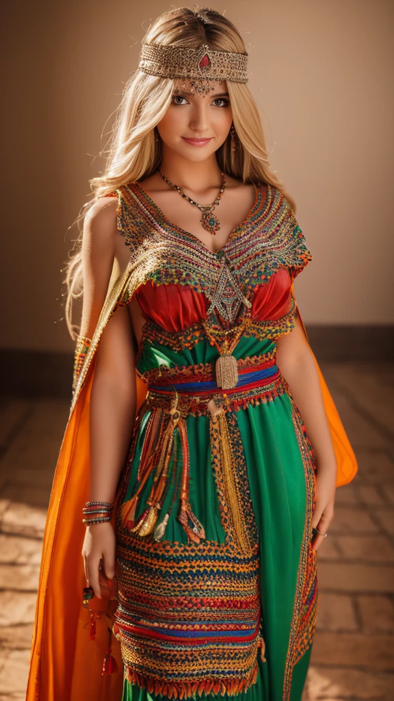 beautifull hot german blonde, robe kabyle, berber, amazigh dress, kabyledress, tizi ouzou, berber outfit, kabylegirl, bijoux, studio photo background, realistic, 4k