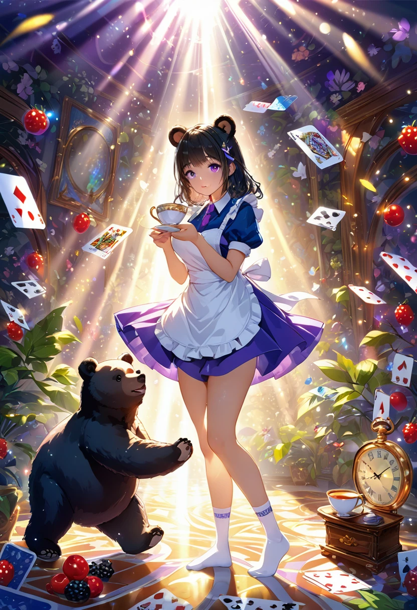 ((Black Bear-eared Kenomi girl:1.3)), cleavage, ((Black hair berry berry short:1.2)), plump shiny lips, (Beautiful purple eyes:1.4), Spoken Heart, Leaning forward, (perfect hand:1.3), Confetti, (Fractal Art:1.0)、shinny skin、patterns、(alice in the wonderland:1.2)、(PlayingCards、tea cup、pocket watch:1.3)、(Tie your hair with a ribbon、Blue Dress、a miniskirt、beauty legs、White Apron、white sock)、Exotic wallpapers、highly colorful、Abstract background、Fantastical, ((Shining sunlight)), (light Particle, light glow, llight rays:1.4), masterpiece,Best Quality,ultra-detailliert,