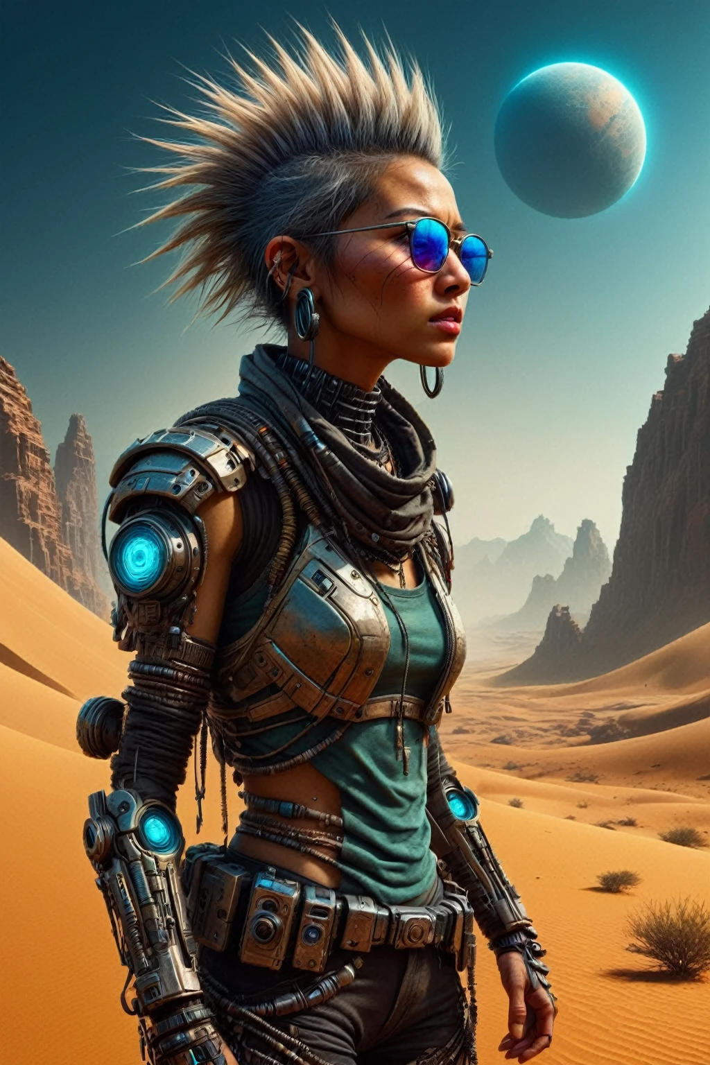 masterpiece, best quality, 8k,highestres, absurdres, extremely detailed, cyberpunk humans, nano-enhanced treatments, desert planets, asian tribes, raw photos, highly detailed, photorealistic, dramatic lighting, moody colors, sandy textures, complex machines, glowing neon, advanced technology, harsh environments, blown sand, terrain rugged, weathered structures, tribal markings, weathered clothing, glasses, youth, cybernetic implants, glowing biotechnology, complex gadgets, dystopian atmosphere