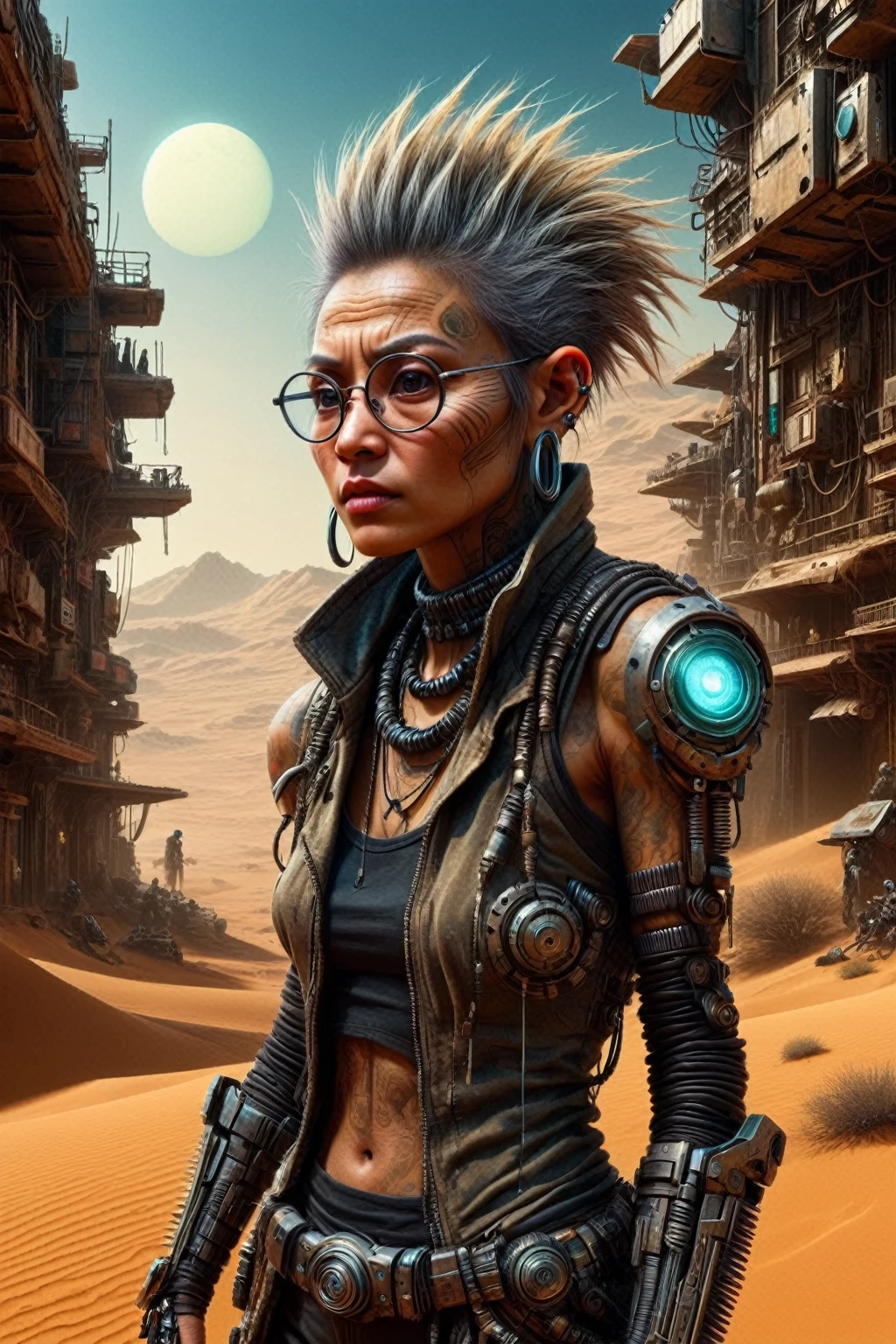 masterpiece, best quality, 8k,highestres, absurdres, extremely detailed, cyberpunk humans, nano-enhanced treatments, desert planets, asian tribes, raw photos, highly detailed, photorealistic, dramatic lighting, moody colors, sandy textures, complex machines, glowing neon, advanced technology, harsh environments, blown sand, terrain rugged, weathered structures, tribal markings, weathered clothing, glasses, youth, cybernetic implants, glowing biotechnology, complex gadgets, dystopian atmosphere