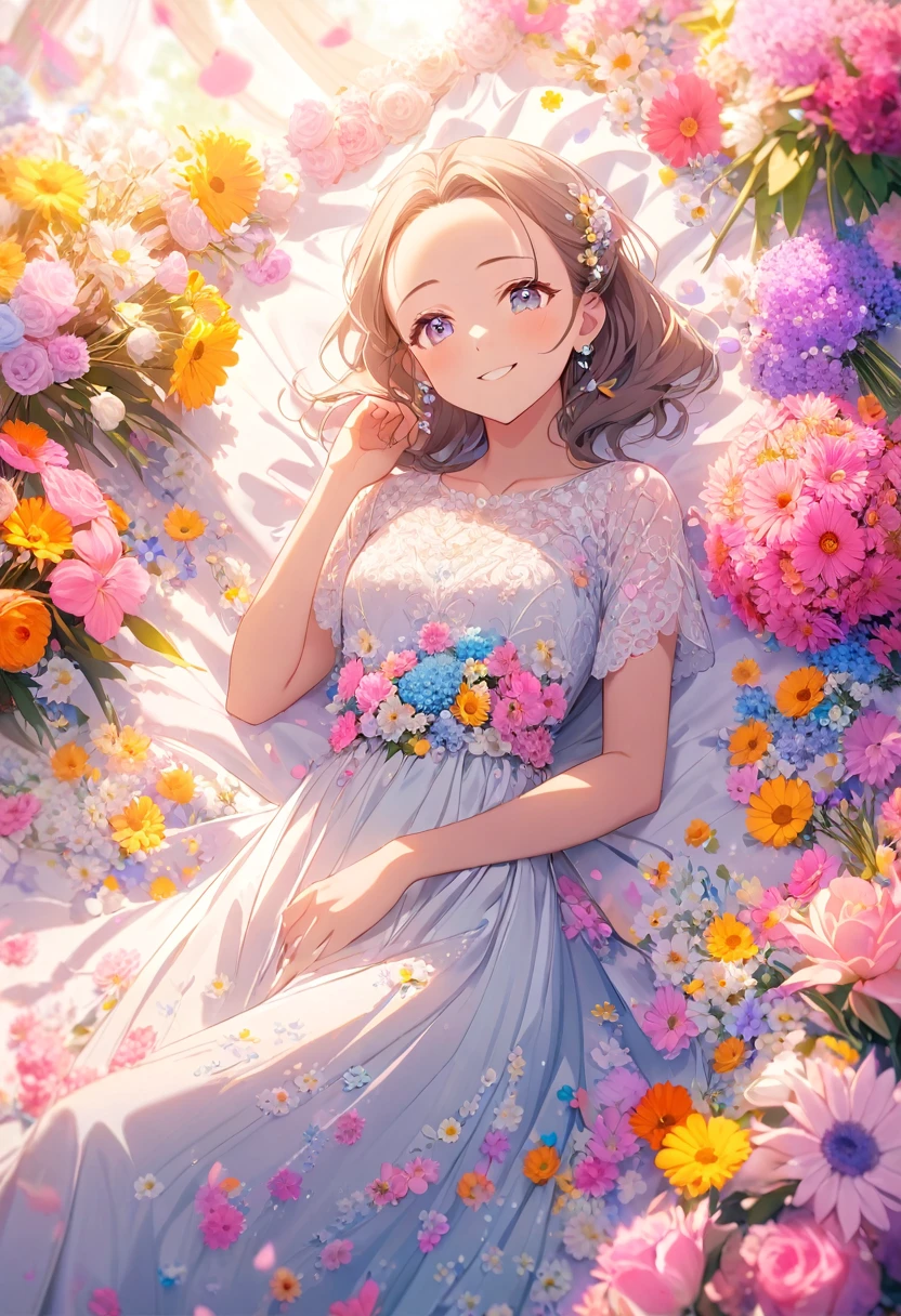 8K,high-res,((ultra detailed face)),Describe a scene in which a beautiful woman character is lying on a bed made by lot of flowers, she is 20 years old,wearing a beautiful dress,. Surround her with colorful flowers.(((big smiling))).((forehead)),pastel theme,kindness,soft focus,soft lighting