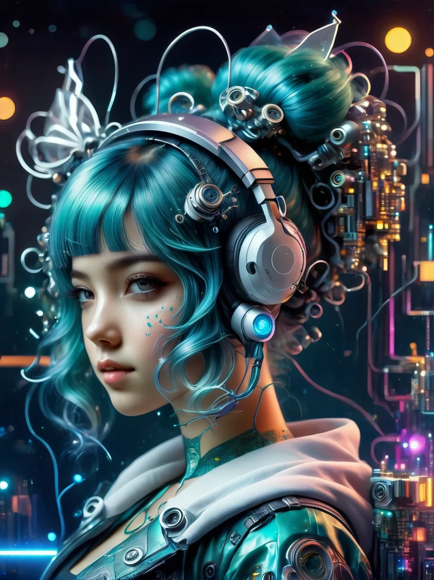A young woman with teal blue hair styled in twin pigtails. She is wearing a futuristic outfit comprised of an electronic-themed dress. Her headband consists of a square design emblem with ribbons dangling from it. The color palette includes shades of teal, black, and white, with an overall colorful and vibrant tone.