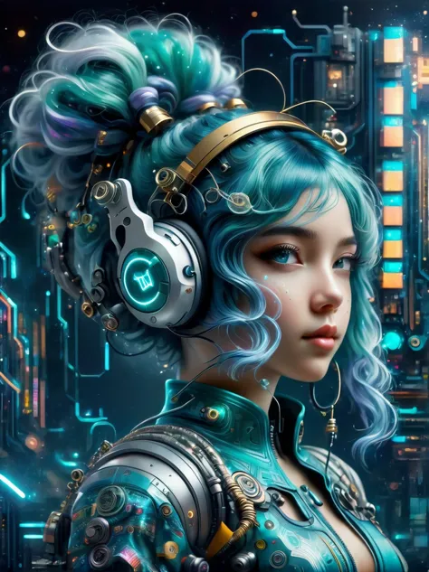 A young woman with teal blue hair styled in twin pigtails. She is wearing a futuristic outfit comprised of an electronic-themed ...