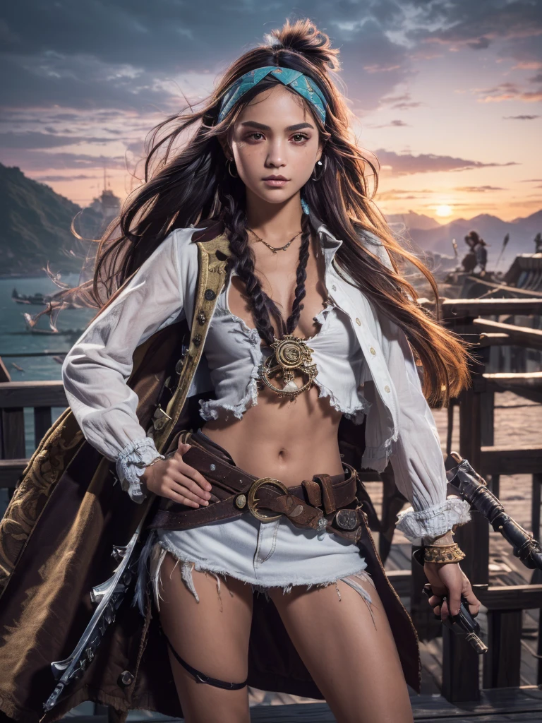(Ultra quality:1.2), (Ultra detailed:1.2), (Ultra detailed clothes:1.2), (Ultra detailed face:1.2), (Ultra detailed eyes:1.2), (Ultra detailed body:1.2), (Ultra detailed weapons:1.2), young pirate girls, standing on the deck, torn clothes, using headband, accesories made with bird's feather,, different hair colors, pistol fights, battlefield in the background, fire in the background, night, epic light, dramatic sky