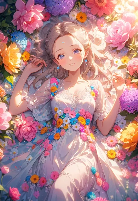 8k,high-res,((ultra detailed face)),describe a scene in which a beautiful woman character is lying on  lot of flowers, she is 20...