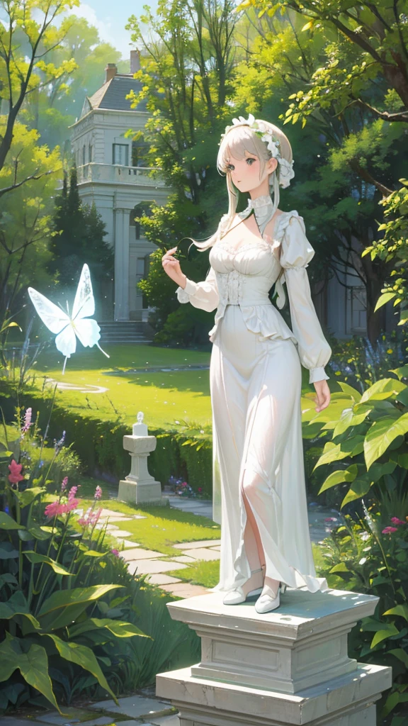 Victorian Villa, forest, villa’s garden, statues, girl with white dress, butterflies, a butler far away