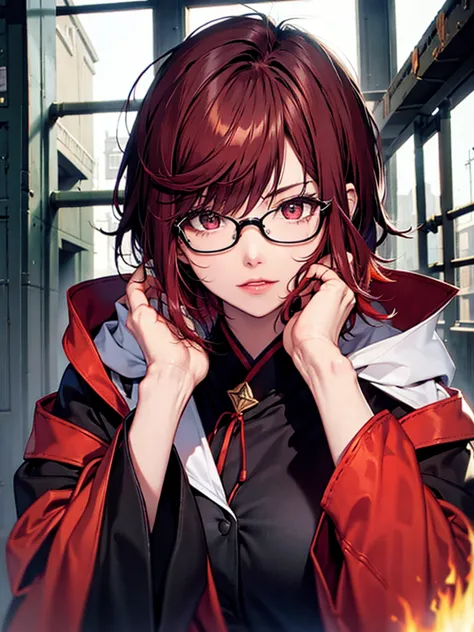 Glasses, girl, red hair, short hair, sharp eyes, black wizard robe