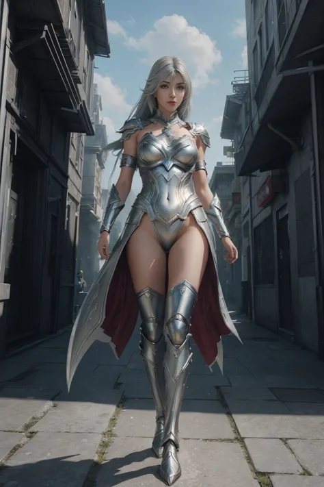 concept art (digital artwork:1.3) of (simple illustration:1.3) a woman in a silver and white costume standing in a city, from li...