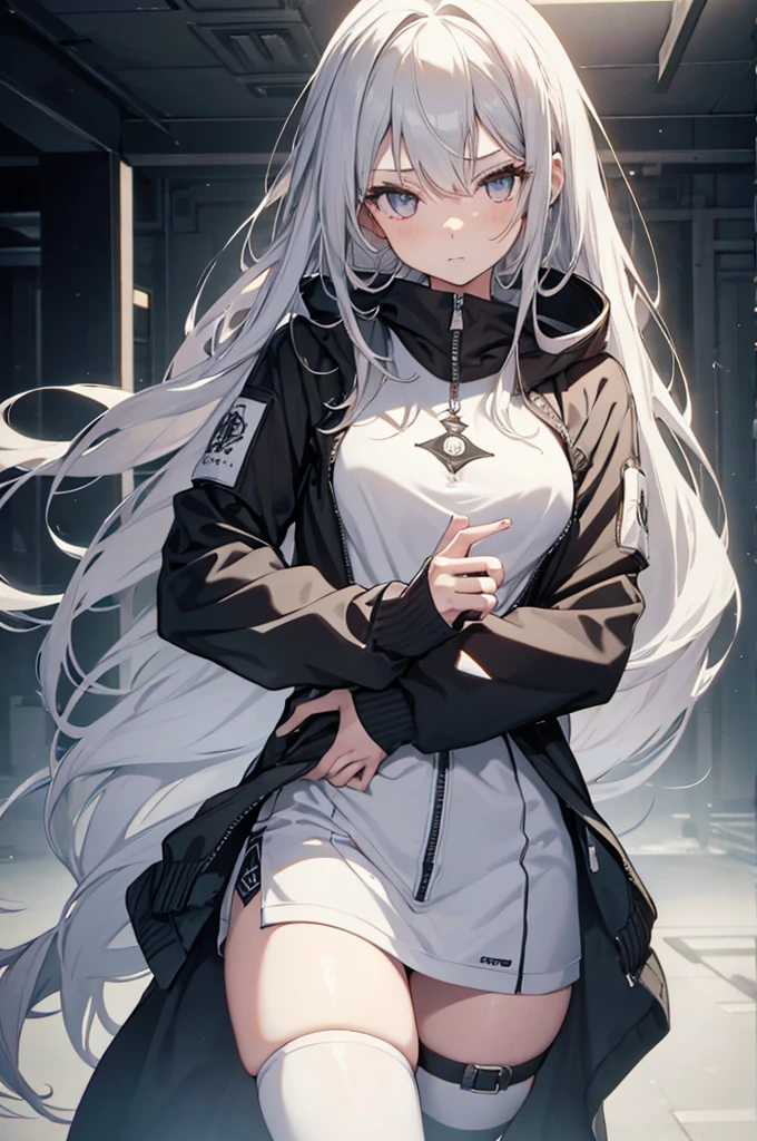 1girl, {Solitary}, Upper Body ,{{ {Watching at viewer}}}, Arms at your sides, Concept Art, white Background, simple Background, White hair, Silver gradient hair , Composite cloth, Asymmetrical clothes, Virtual YouTuber, best quality, masterpiece, Dynamic Angle, guilty gear, guilty gear, guilty gear, cowboy_shooting, Watching_Back, grab, girl,Miss,woman, young,20 years old, Very long hair, Hair Flip, Silver Hair, Flowing hair, Ahog, giggle, Beautiful and delicate golden eyes, teeth, Moderate_breast, Blonde eyes, White skin, hoodie, Black_shorts, Gray clothes, transparent_Background, Backlighting, absurd, high resolution, Extremely detailed,sweater