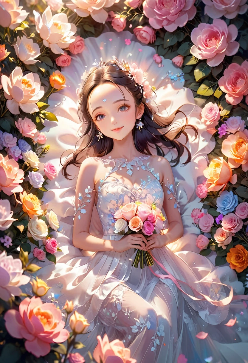 8K,high-res,((ultra detailed face)),Describe a scene in which a beautiful woman character is lying on  lot of flowers, she is 20 years old,wearing a beautiful dress,. Surround her with colorful flowers.(((big smiling))).((forehead)),pastel theme,kindness,soft focus,soft lighting