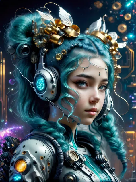(A young woman with teal blue hair styled in twin pigtails:1.5), She is wearing a futuristic outfit comprised of an electronic-t...