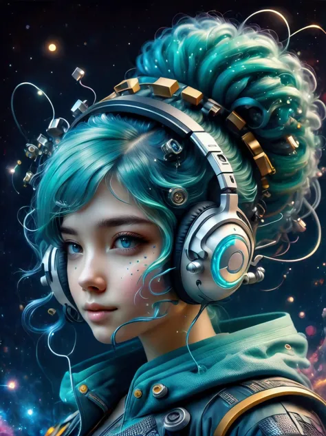 (A young woman with teal blue hair styled in twin pigtails:1.5), She is wearing a futuristic outfit comprised of an electronic-t...
