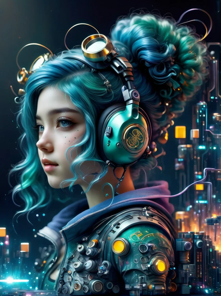 (A young woman with teal blue hair styled in twin pigtails:1.5), She is wearing a futuristic outfit comprised of an electronic-themed dress. Her headband consists of a square design emblem with ribbons dangling from it. The color palette includes shades of teal, black, and white, with an overall colorful and vibrant tone